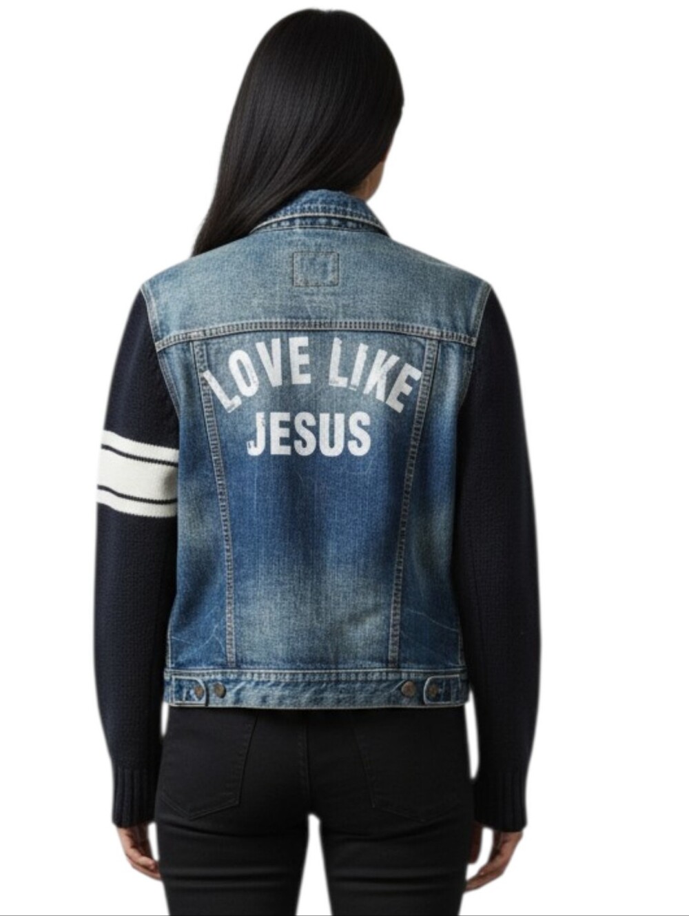 Love Like Jesus Custom Upcycled Guess Knit Sleeves Denim Jacket, S